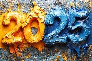 vibrant and textured 2025 New Year's greeting, rendered in thick, paint strokes of golden yellow and deep blue, 2025 new year word art