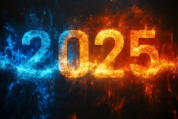 fiery Collision of Blue and Orange Flames Embracing the Arrival of 2025: A New Year's Visual Spectacle, 2025 new year word art