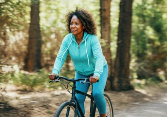 Naklejka premium Senior woman riding bicycle in a forest enjoys healthy lifestyle