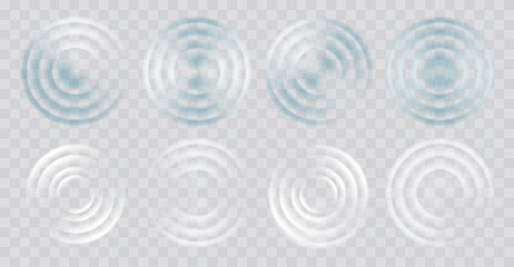Water ripple effect top view set. Realistic caustic drop or sound wave splash effects, concentric circles in puddle. Vector set round wave surfaces on transparent background