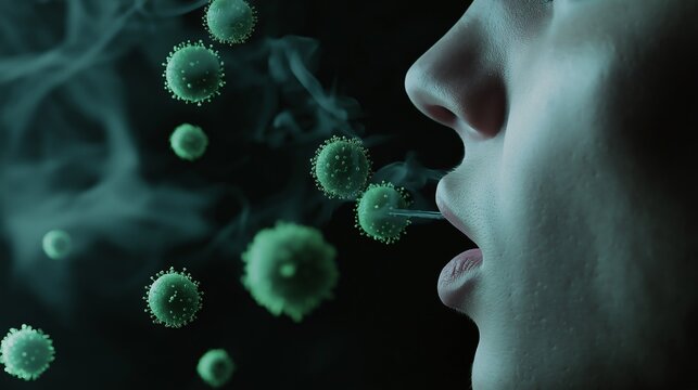 Microscopic view of virus particles being exhaled by a person, illustrating the concept of airborne disease transmission and infection spread