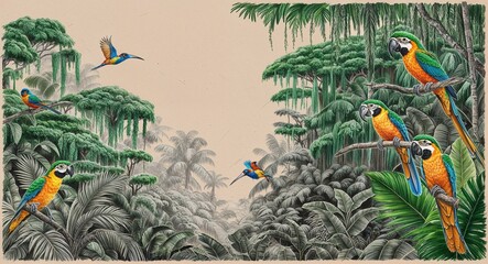 A tropical rainforest with layers of green canopies and vibrant tropical birds hand drawing