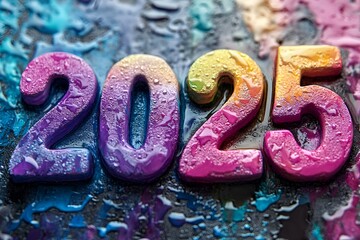 Vibrant 2025 New Year's Numbers Decorated with Iridescent Paint and Water Droplets, 2025 new year word art