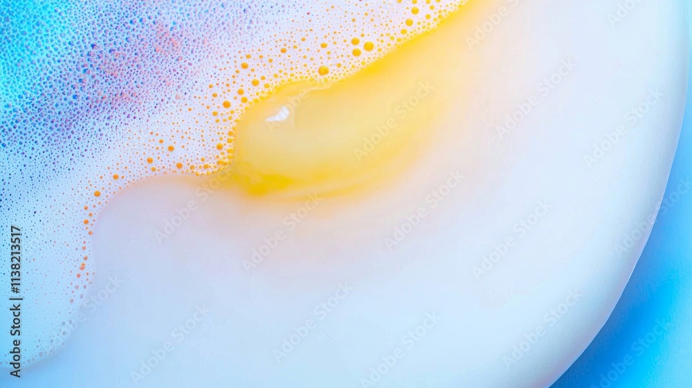 Poster vibrant foam with small bubbles forming intricate patterns on the surface of a liquid, creating a me