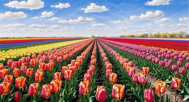 A vibrant tulip field stretching toward the horizon with a bright blue sky overhead hand drawing