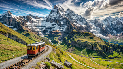 A charming vintage train winds along a narrow track amidst breathtaking mountain peaks and lush valleys during the day, showcasing natural beauty and serene landscapes