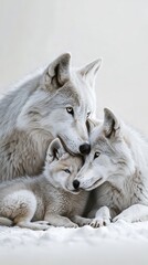 Obraz premium White wolf family sitting closely together on a white background. wolf wallpaper. Ultra realistic. Photorealistic hypermaximalist hyper realistic fine detail