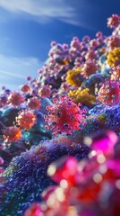 Fototapeta premium Microscopic view revealing vibrant and colorful coronavirus cells growing and multiplying, creating a dense, textured landscape set against a bright blue sky