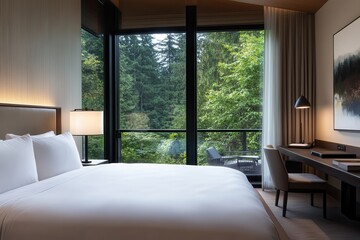 Fototapeta premium This chic bedroom boasts elegant design elements, complemented by large windows offering stunning views of nature, promoting a tranquil and inspiring environment.