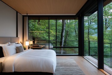 A bright bedroom composed of natural elements and large windows, seamlessly blending indoor comfort with outdoor beauty for a refreshing, tranquil retreat experience.