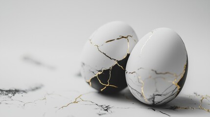 Two easter eggs. One black and one white. Are decorated with gold-filled cracks. Reminiscent of the japanese art of kintsugi. Resting on a marble surface. Creating a modern and artistic easter scene