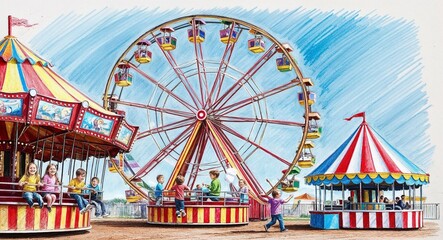 A bustling carnival ride with children laughing and spinning on a Ferris wheel hand drawing