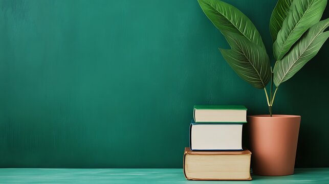 Educational Resources on Agriculture and Technology with Books and Plant Against Green Background for Inspiring Learning Environment