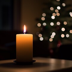 Illuminated Candle with Christmas Lights Background
