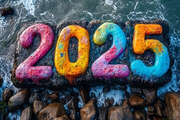 Vibrant 2025 Painted on Rocky Seashore Welcoming the New Year, 2025 new year word art