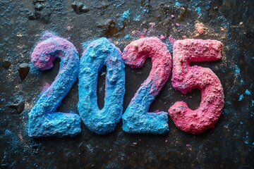 vibrant, textured 2025 crafted from blue and pink powder, celebrating the new year against a dark background, 2025 new year word art