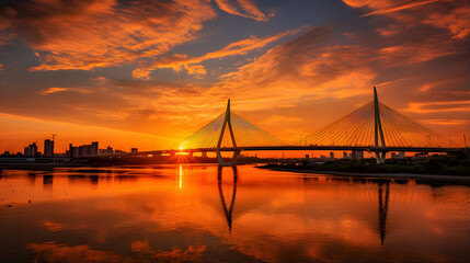 Spectacular Sunset View of Bhumibol Bridge, the Industrial Ring Road Bridge in Thailand