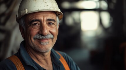 Close-up of a cheerful senior construction worker wearing a hardhat and safety harness, showcasing pride and experience in industrial environment