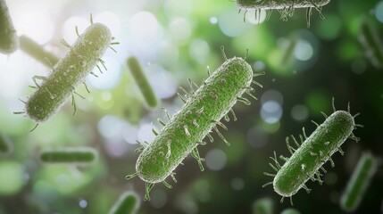 Fototapeta premium Rod-shaped bacteria, or bacilli, are visualized under a microscope, showcasing their cellular structures and fimbriae, hair-like appendages used for attachment and colonization