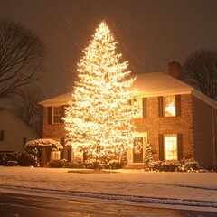 Illuminated Christmas tree in snowy front yard.