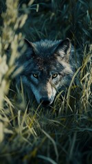 Wolf hidden predator photography grass national geographic style documentary wallpaper. wolf wallpaper. Ultra realistic. Photorealistic hypermaximalist hyper realistic fine detail