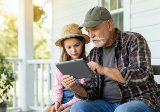 Grandfather and granddaughter sitting on porch using tablet together