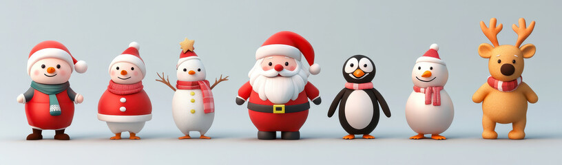 Fototapeta premium Colorful 3D illustration of adorable Christmas characters in festive attire