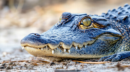 Obraz premium Close-up of an alligator with sharp teeth on a natural background