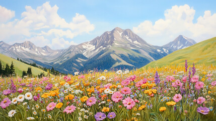 Fototapeta premium Colorful wildflower meadow in a mountain valley under a clear blue sky
