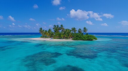 Fototapeta premium Tropical island in clear blue water with palm trees and colorful fish swimming around it. Underwater coral reefs surrounded by crystal-clear turquoise waters, showcasing a serene tropical paradise.