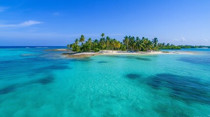 Fototapeta premium Tropical island in clear blue water with palm trees and colorful fish swimming around it. Underwater coral reefs surrounded by crystal-clear turquoise waters, showcasing a serene tropical paradise.