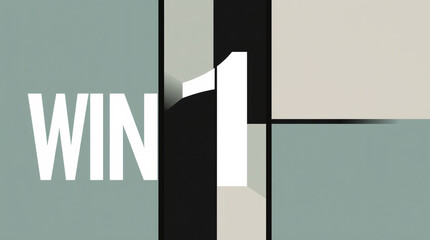 Modern abstract Minimalist artwork “WIN” and “1” typography split sections, gray white black  geometric design, wining, being first or number one