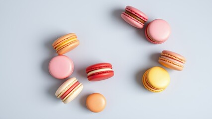 Obraz premium A scattering of colorful macarons on a light blue background, showcasing their delicate sweetness and artful arrangement.