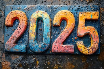 Rustic, Multicolored 2025 Number Plaque on a Weathered Metal Surface, 2025 new year word art