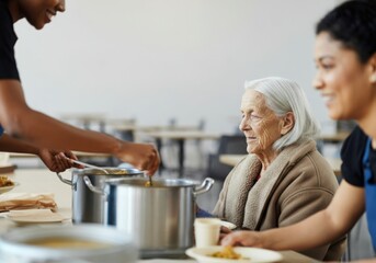 Volunteers serving a hot meal to a senior woman in a soup kitchen, offering support and nourishment to those in need