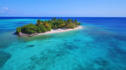Fototapeta premium Tropical island in clear blue water with palm trees and colorful fish swimming around it. Underwater coral reefs surrounded by crystal-clear turquoise waters, showcasing a serene tropical paradise.