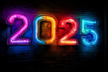 Vibrant Neon 2025 Sign Illuminates a Dark Brick Wall, Ushering in a New Year, 2025 new year word art