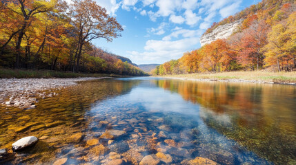 Obraz premium Clear river flowing through autumn forest with vibrant tree colors and rocky bed