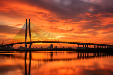 Spectacular Sunset View of Bhumibol Bridge, the Industrial Ring Road Bridge in Thailand