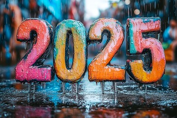 vibrant, icy 2025 New Year's greeting, glistening under a rainy sky, 2025 new year word art