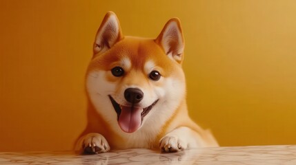 Happy Shiba Inu dog smiling with bright yellow background, showcasing joy and playfulness.