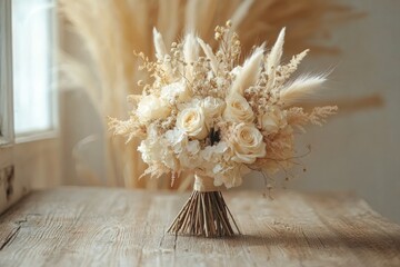 boho wedding decor, a bohemian bridal bouquet placed on a rustic wood table, decorated with dried flowers and pampas grass, against a cozy wedding setting