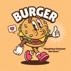 Burger Cute Trendy Retro Cartoon Vector Hand Drawn 