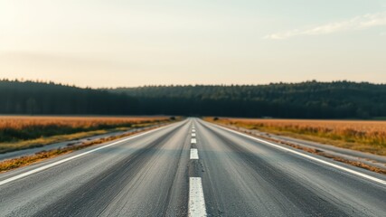 Fototapeta premium A Long, Straight Asphalt Road Leads Through A Field Of Golden Grass Towards A Line Of Trees Under A Softly Lit Sky