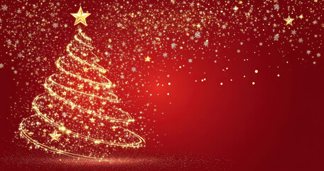 Golden Christmas tree on red background with sparkling stars and lights