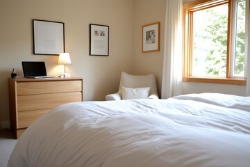 A delightful bedroom with warm tones, framed artworks, and a cozy seating area, exuding a sense of nostalgia and inviting feelings of comfort and relaxation.