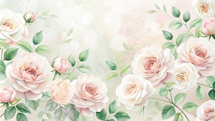 Elegant Watercolor Roses A Soft, Romantic Floral Design Featuring Delicate Blooms and Lush Greenery