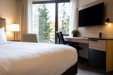 A stylish hotel room showcased with a comfortable bed, a desk, and a large window allowing natural light and views of a serene outdoor environment.