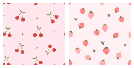 Seamless patterns with cherry fruit and strawberry on pink backgrounds vector. Cute fruit print.