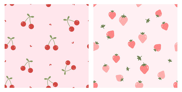 Fototapeta Seamless patterns with cherry fruit and strawberry on pink backgrounds vector. Cute fruit print.